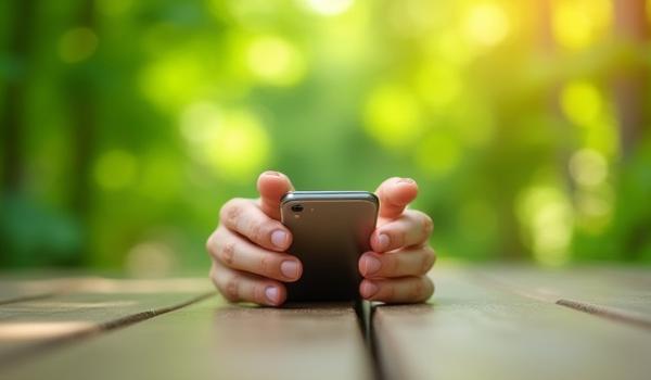 A person (aged 35-40) turning off a smartphone, with a blurred natural background of green foliage, symbolizing a digital detox.