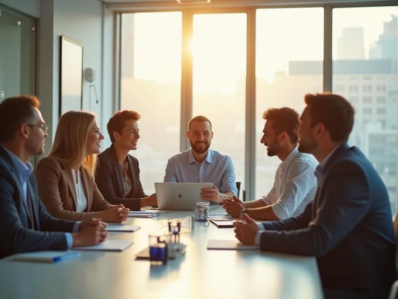 Diverse group of adults (35+) engaged in a collaborative discussion in a modern, light-filled office space, representing Gable Growth's team. focus on professionalism and shared purpose.