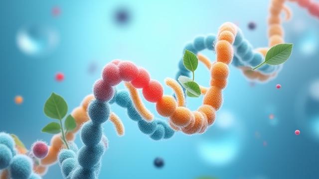 Detailed abstract representation of DNA helix with nutritional elements, symbolizing personalized health