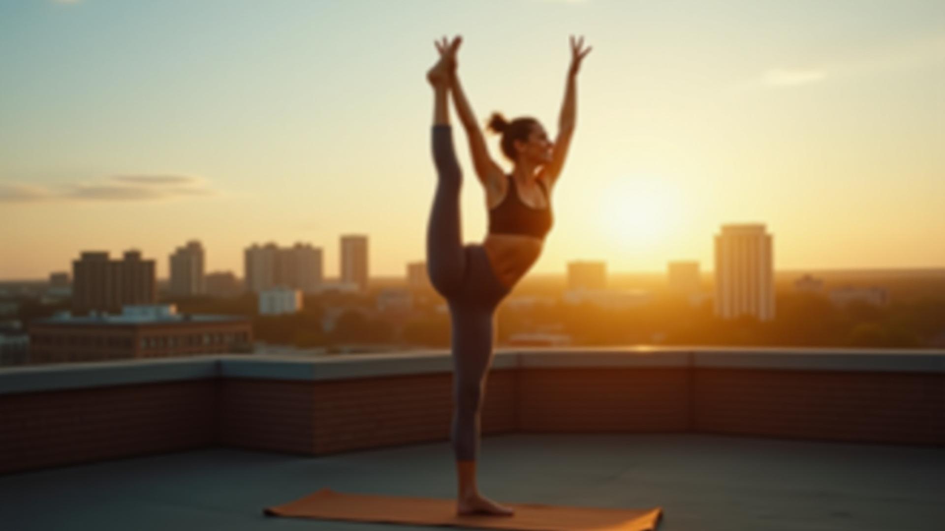 Vibrant adult practicing sunrise yoga with Boston city skyline in the background, embodying tranquility and active living